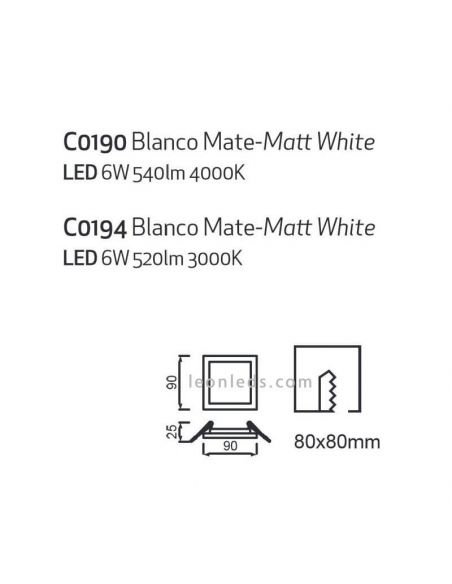 Downlight LED quadrado Saona 6W tamanho pequeno 9Cm | LeónIluminação Leds | Downlight com dois tons de luz