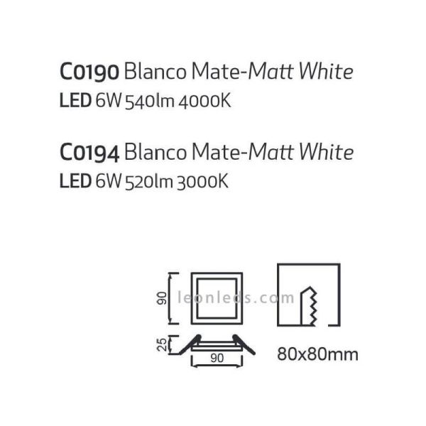Downlight LED cuadrado Saona 6W tamaño pequeño 9Cm | LeónLeds Iluminación | Downlight con dos tonalidades de luz
