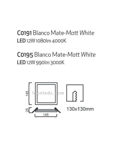 Downlight LED carré de taille moyenne 14,5cm Saona 12W | Éclairage LeónLeds | Downlight avec deux tons clairs