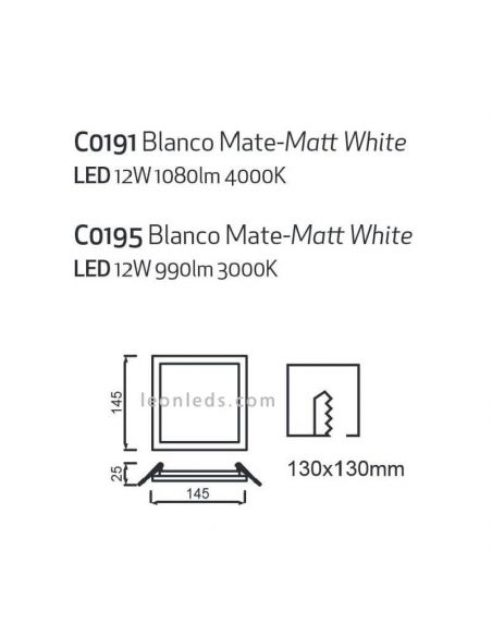 Downlight LED cuadrado tamaño mediano 14,5Cm Saona 12W | LeónLeds Iluminación | Downlight con dos tonalidades de luz