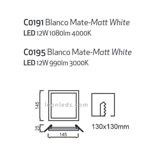 Downlight LED carré de taille moyenne 14,5cm Saona 12W | Éclairage LeónLeds | Downlight avec deux tons clairs