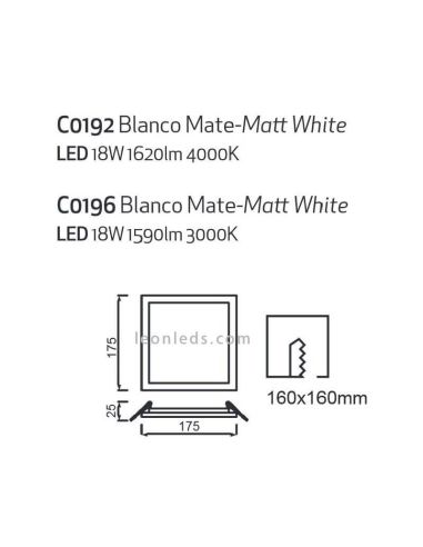 Downlight LED Saona grande y cuadrado 17,5Cm y 18W | LeónLeds Iluminación | Downlight con dos tonalidades de luz