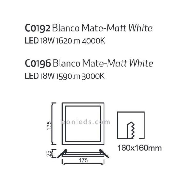 Downlight LED Saona grande y cuadrado 17,5Cm y 18W | LeónLeds Iluminación | Downlight con dos tonalidades de luz
