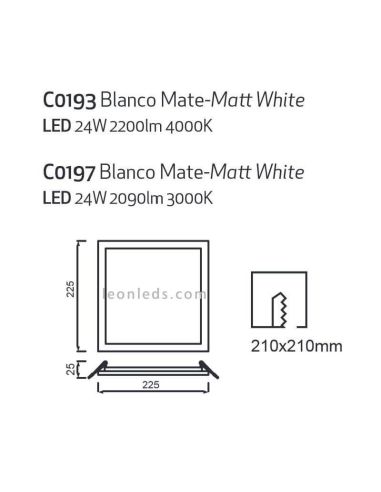 Downlight LED cuadrado empotrable extra grande Saona 22,5Cm y 24W | LeónLeds Iluminación | Downlight IP20