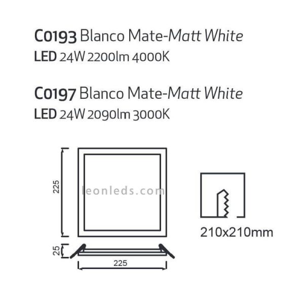 Downlight LED cuadrado empotrable extra grande Saona 22,5Cm y 24W | LeónLeds Iluminación | Downlight IP20