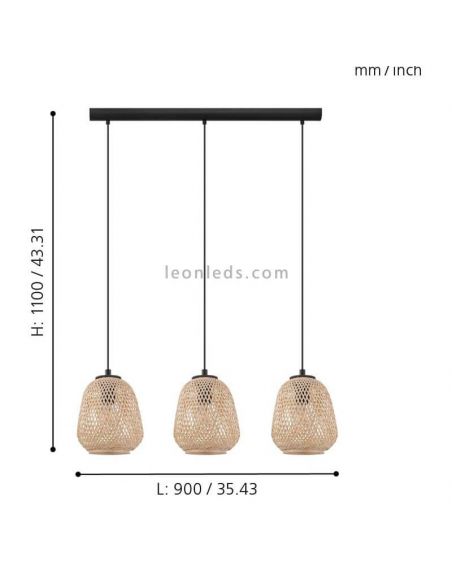 Lámpara colgante Dembleby natural 3 luces de madera dimensiones