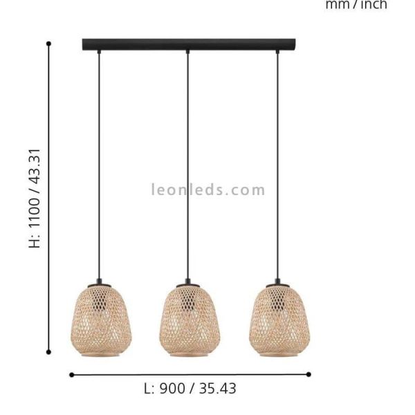 Lámpara colgante Dembleby natural 3 luces de madera dimensiones