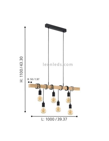 Dimensiones Lámpara colgante Townshend 6 luces de acero y madera