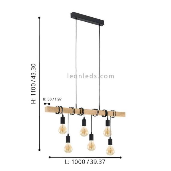 Dimensions suspension Townshend 6 lumières acier et bois