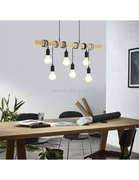 Lámpara colgante Townshend 6 luces de acero y madera vintage