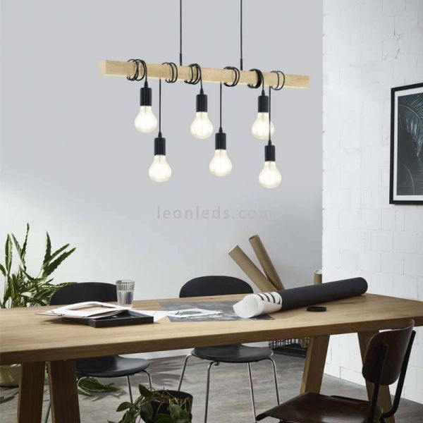 Lámpara colgante Townshend 6 luces de acero y madera vintage
