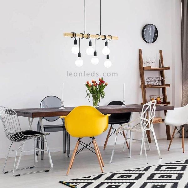 Lámpara colgante Townshend 6 luces de acero y madera vintage Eglo