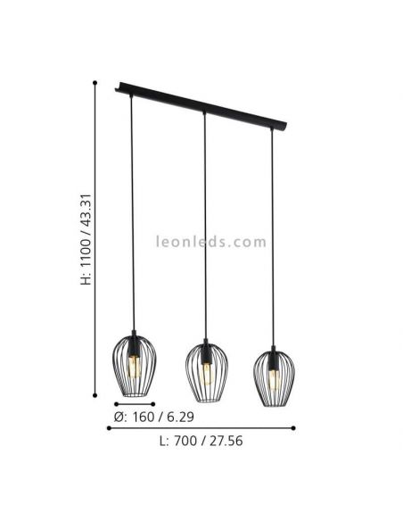 Dimensions de la suspension Newtown noire 3xE27