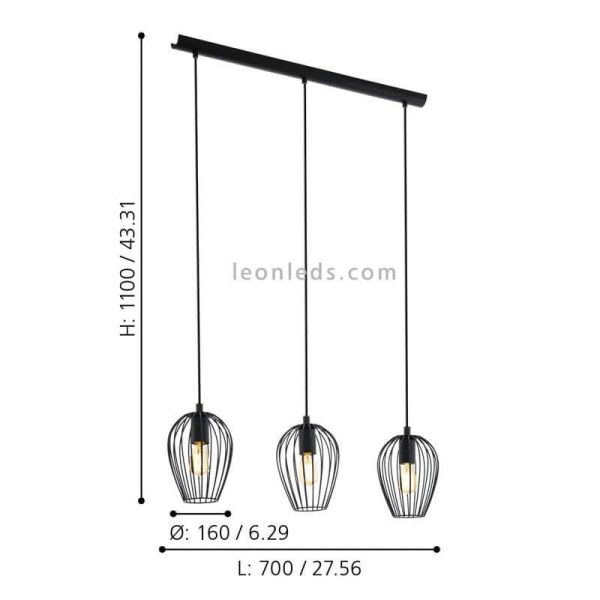 Candeeiro suspenso Newtown preto 3xE27 dimensões