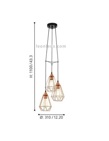 Dimensions suspension cuivre 3 lumières Tarbes