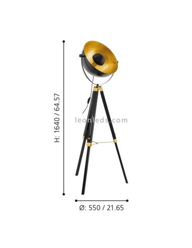 Lámpara de pie industrial Covaleda negra y dorada ambiente eglo Iluminación dimensiones