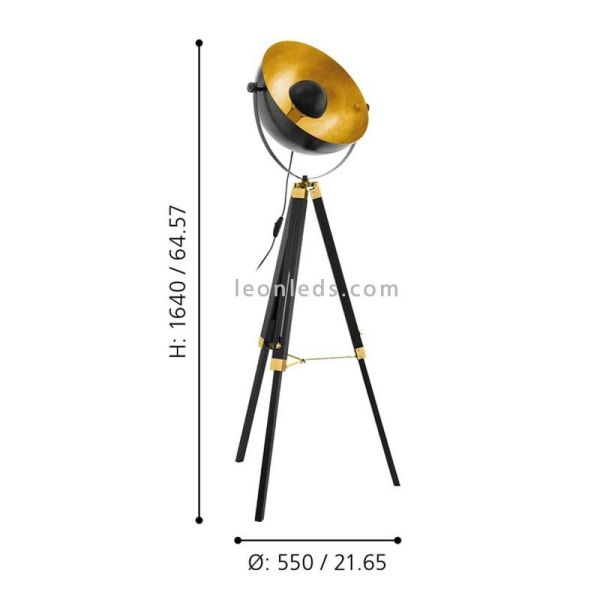 Lámpara de pie industrial Covaleda negra y dorada ambiente eglo Iluminación dimensiones