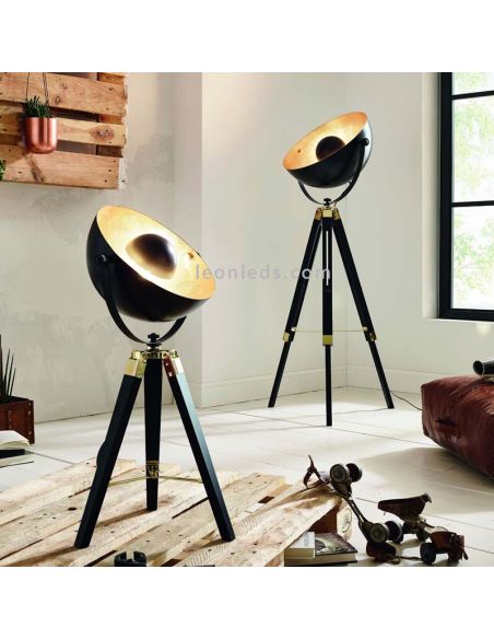 Candeeiro de chão industrial Covaleda preto e dourado ambiente eglo Lighting