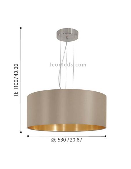 Luminária de teto têxtil Maserlo bege-ouro 3xE27 dimensões