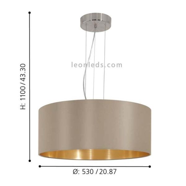 Luminária de teto têxtil Maserlo bege-ouro 3xE27 dimensões