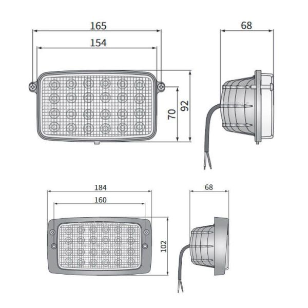 Dimensiones de Faro LED empotrable rectangular 40W con optica de trabajo Wesem | LeonLeds