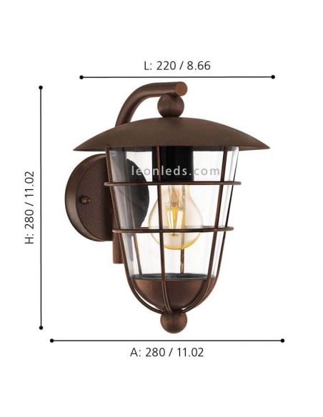 Aplique de parede exterior Pulfero 1 castanho IP44 Dimensões Eglo