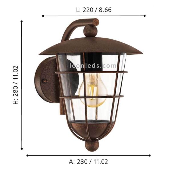 Aplique de parede exterior Pulfero 1 castanho IP44 Dimensões Eglo