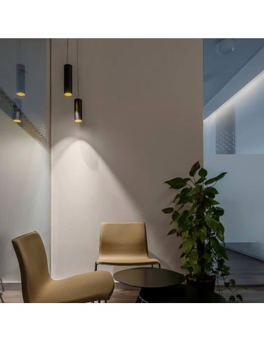 Lámpara colgante Scope 27 negra y dorada iluminada Arkoslight | Leonleds