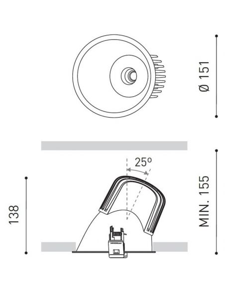 Dimensiones del downlight LED Lex Asymmetric Dim to warm 20W de Arkoslight | LeónLeds.com