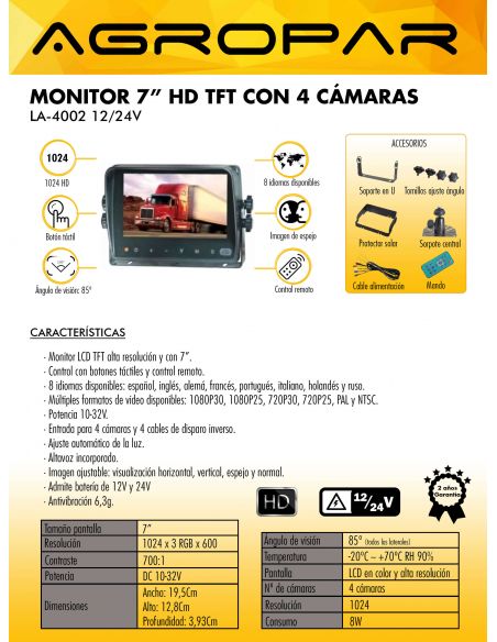 Monitor para camaras de visión trasera 7¨ TFT-LCD Color para 4 Cámaras Táctil | LeonLeds