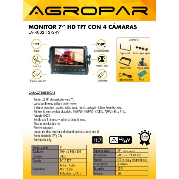 Monitor para camaras de visión trasera 7¨ TFT-LCD Color para 4 Cámaras Táctil | LeonLeds