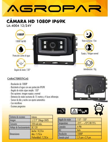 Ficha de producto Cámara de visión trasera con infrarrojos HD alta resolución 4 Pin Agropar | LeonLeds
