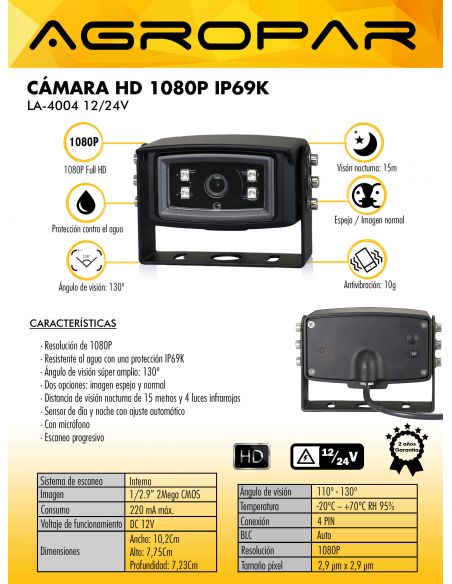 Ficha de producto Cámara de visión trasera con infrarrojos HD alta resolución 4 Pin Agropar | LeonLeds