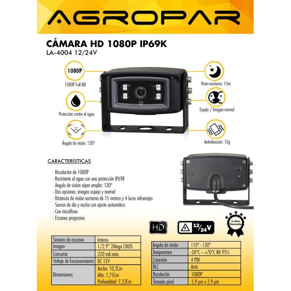 Ficha de producto Cámara de visión trasera con infrarrojos HD alta resolución 4 Pin Agropar | LeonLeds