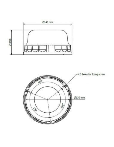 Dimensiones Rotativo LED ambar Plano con tulipa transparente 3 Tornillos Vignal | LeonLeds