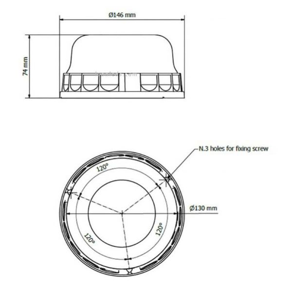 Dimensiones Rotativo LED ambar Plano con tulipa transparente 3 Tornillos Vignal | LeonLeds