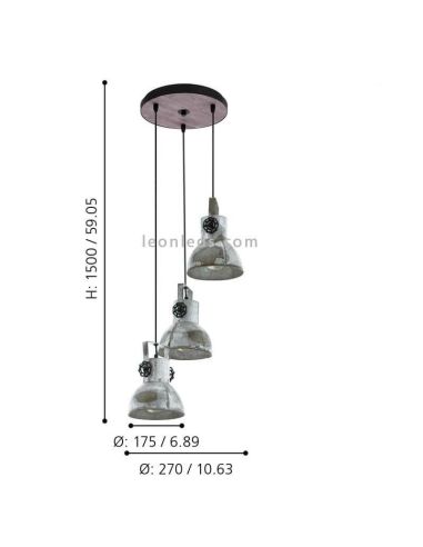 Dimensões da luminária pendente vintage de aço e madeira com 3 lâmpadas