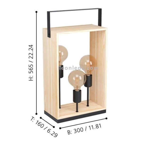 Candeeiro de mesa Famborough com 3 candeeiros de madeira Dimensões Eglo Lighting