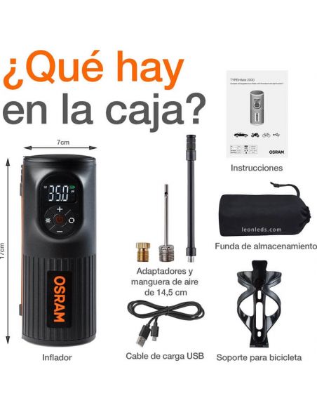 Compresor de neumaticos recargable y portatil pequeño Tyreinflate 2000 Otir2000 Osram | LeonLeds