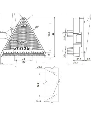 Dimensiones Triangulo LED Trasero con 5 Funciones rectangular Tulipa Blanca 12-24V | LeonLeds