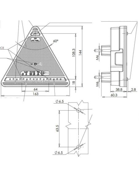 Dimensiones Triangulo LED Trasero con 5 Funciones rectangular Tulipa Blanca 12-24V | LeonLeds