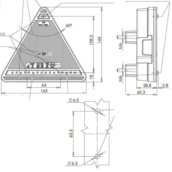 Dimensiones Triangulo LED Trasero con 5 Funciones rectangular Tulipa Blanca 12-24V | LeonLeds