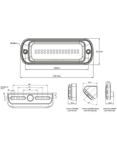 Dimensiones Barra LED rectangular opaca 1.800Lm con accesorios de montaje Inclinado 45º o Superficie IP69K 1501 N | LeonLeds