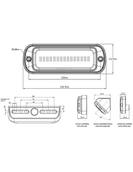 Dimensiones Barra LED rectangular opaca 1.800Lm con accesorios de montaje Inclinado 45º o Superficie IP69K 1501 N | LeonLeds