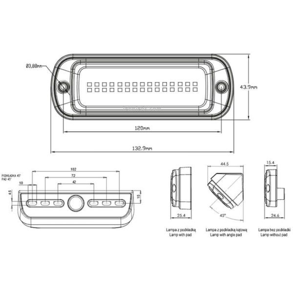 Dimensions Barre LED rectangulaire opaque 1 800 Lm avec accessoires de montage Inclinée à 45º ou en surface IP69K 1501 N | leonl