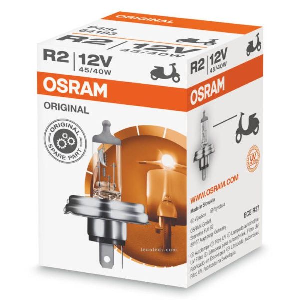 Bombilla halogena R2 12V 45/40W Embalaje Caja de Cartón Osram 64183 | LeonLeds