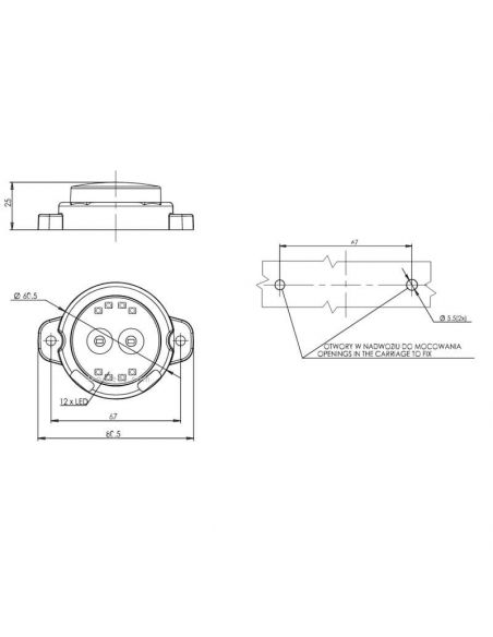 Dimensions Mini feu arrière LED rond et homologué 3 fonctions 12V 24V Was 1531 R S1 2A | leonleds