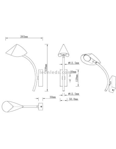 Dimensions de l'applique LED Capuccina 7W blanche ou noire orientable