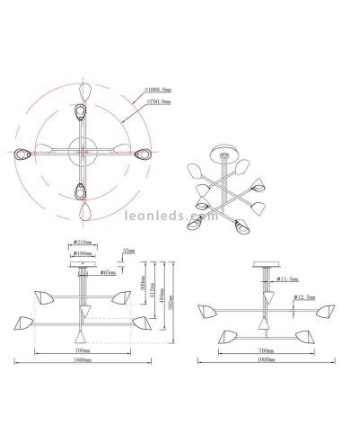 Lámpara de techo LED Capuccina negra 8 luces dimensiones