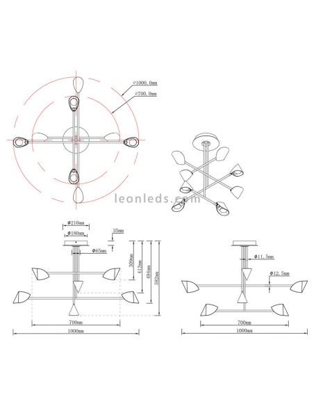 Lámpara de techo LED Capuccina negra 8 luces dimensiones